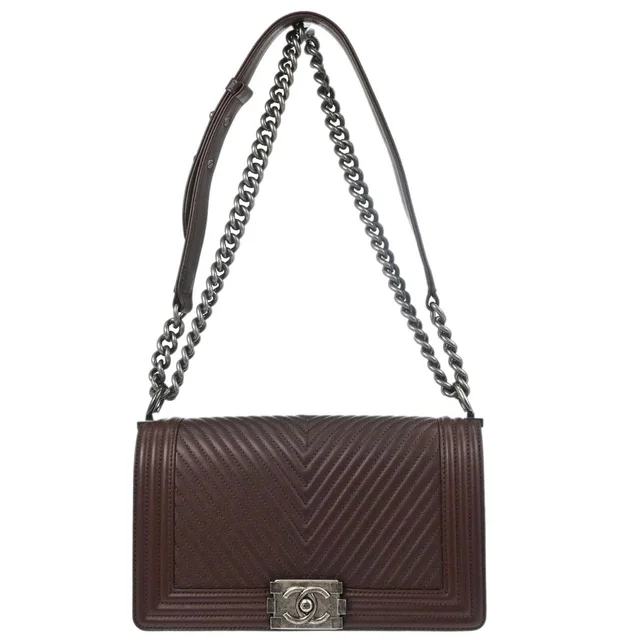 Boy Chanel 2014 Brown Lambskin Chevron Medium Shoulder Bag in Brown Lambskin from AMORE Vintage Tokyo