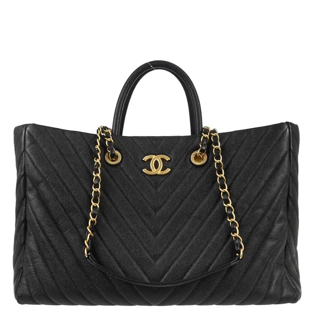 Chanel 2018-2019 Black Caviar Skin Chevron Shopping Tote 2way Shoulder Handbag in Black Caviar leather from AMORE Vintage Tokyo