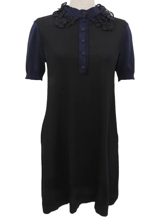 Louis Vuitton Silk Flower Motif Short Sleeve Shirt Dress #S Black/Navy in Black Silk from VINTAGE QOO TOKYO