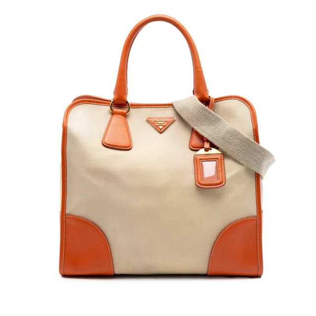Orange Prada Saffiano Trimmed Canvas Canapa Satchel in Orange Saffiano leather from Designer Revival, photo 1 of 1