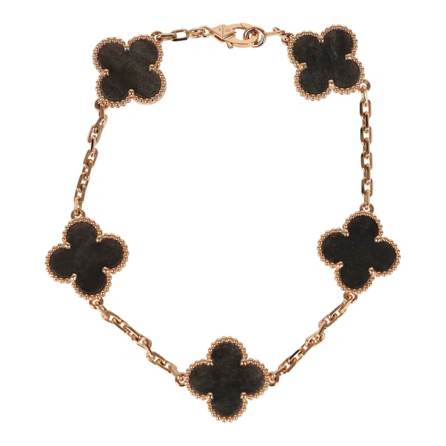 Van Cleef & Arpels Vintage Alhambra 5 Motif Bracelet Silver Obsidian 18K Rose Gold in Pink from Madison Avenue Couture