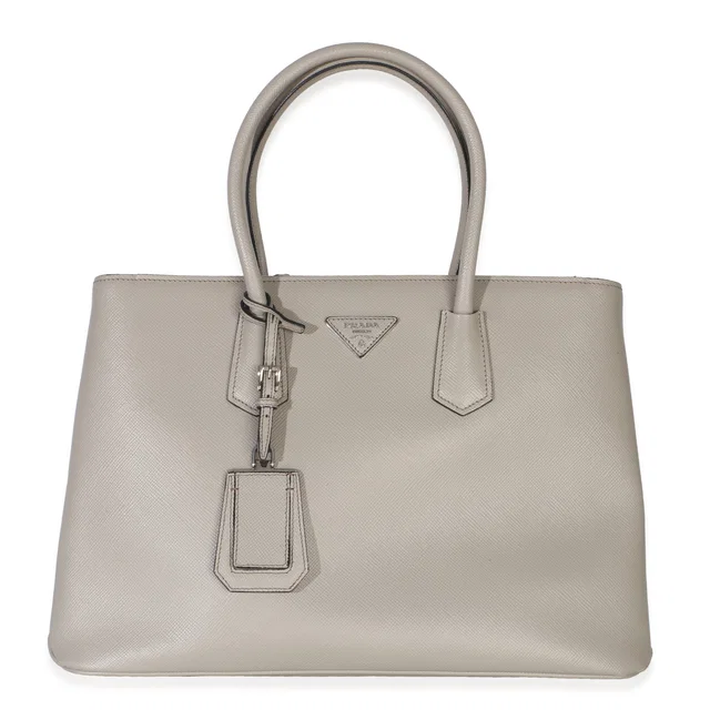 Prada Light Grey Saffiano Cuir Large Turnlock Twin Tote in Grey Saffiano leather from myGemma