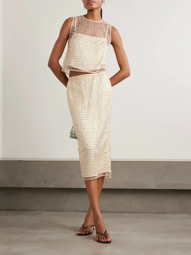 STAUD Ciara layered embellished tulle midi skirt in Beige, photo 2 of 2 from NET-A-PORTER (Canada)