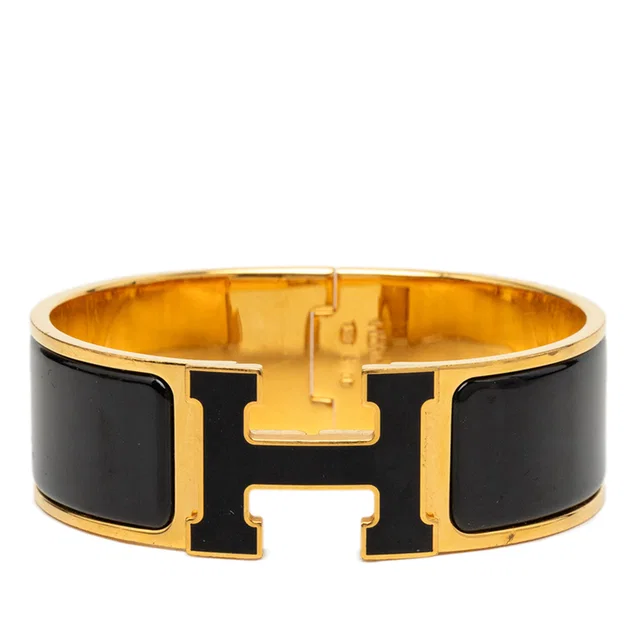 Black Hermès Wide Enamel Clic Clac H Bracelet PM in Black from Designer Revival