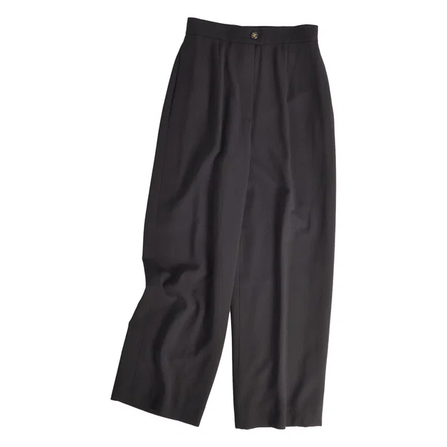 Chanel 95P Vintage Pants Trousers Wide CC Logo Button Wool Black 40 in Black Wool from The Reluxe