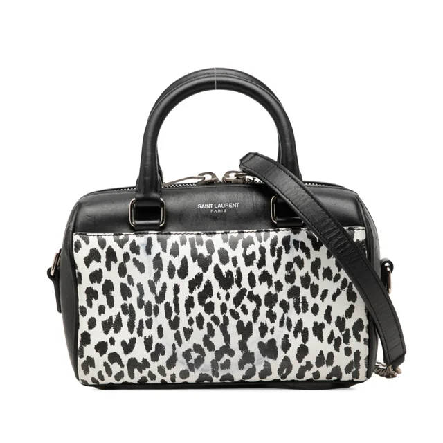 Black Saint Laurent Toy Leather Leopard Print Classic Duffle Satchel in Black Leather from Designer Revival