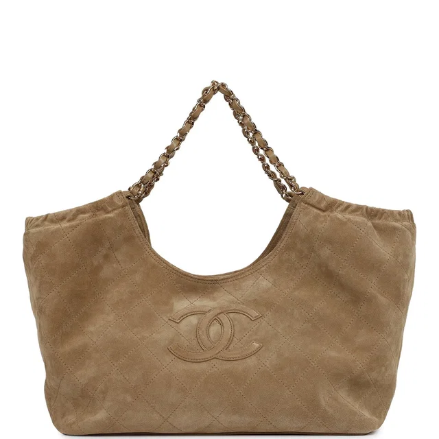 Chanel Small CC Cabas Hobo Bag Dark Beige Suede Gold Hardware in Beige Suede from Madison Avenue Couture