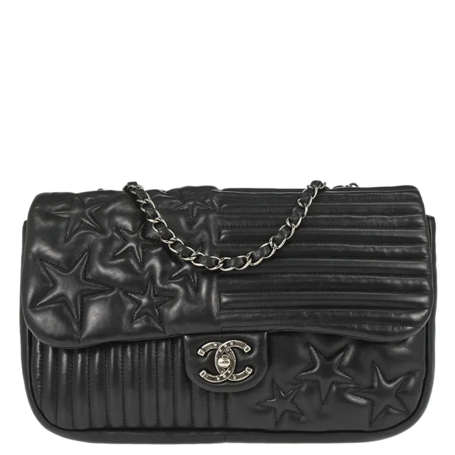 Chanel 2014 Black Lambskin Paris Dallas Stars and Stripes Flap Shoulder Bag in Black Lambskin from AMORE Vintage Tokyo