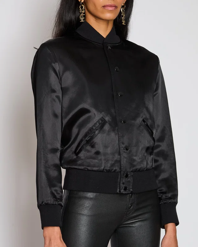 Saint Laurent Black Satin Bomber Jacket with Multicolour Glitter and Leather Shark Detail and "Sweet Dreams"… in Black Satin from Sellier