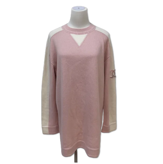 Chanel Pink and White Colorblock CC Logo Knit Tunic Sweater size 36 in White from Luxury Promise