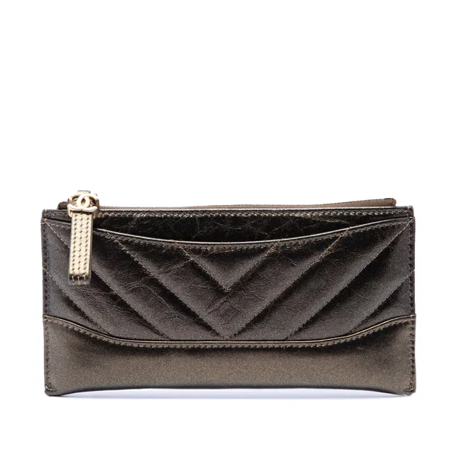 Brown Chanel Chevron Metallic Aged Calfskin Gabrielle Zip Pouch in Brown Calfskin from Designer Revival