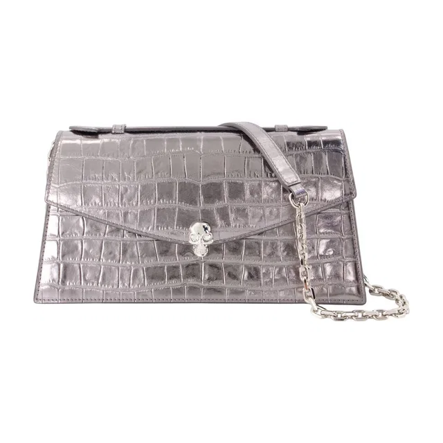 Alexander McQueen Crocodile-Embossed Calfskin Clutch — Silver in Silver Calfskin from HEWI