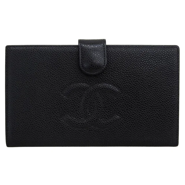 Chanel Circa 2005 Caviar Skin CC Logo Stitched Long Wallet Black in Black Caviar leather from VINTAGE QOO TOKYO