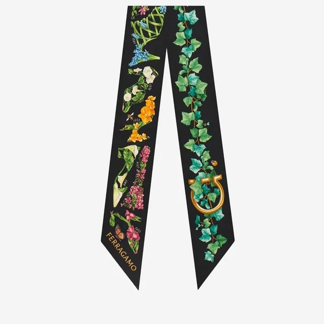 Ferragamo Silk Bandeau With Eden Floral Print Scarf — Black Scarfs in Black Silk from HEWI