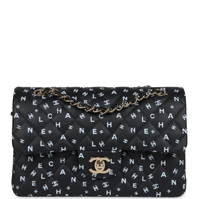 Chanel Small Classic Double Logo Printed Flap Bag Black, White Calfskin Gold Hardware in Black Calfskin from Madison Avenue Couture