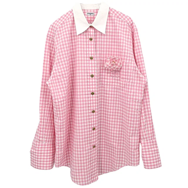 Chanel Blouse Shirt Gingham Check Pink in Pink from AMORE Vintage Tokyo