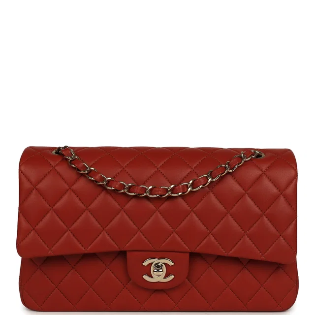 Chanel Medium Classic Double Flap Bag Dark Orange Lambskin Light Gold Hardware in Orange Lambskin from Madison Avenue Couture