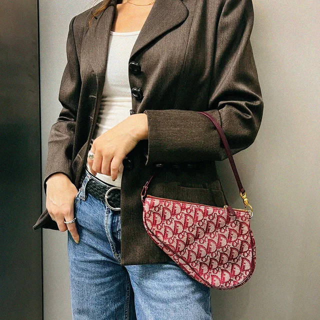 Dior Trotter Pattern Saddle Bag Red in Red Canvas from VINTAGE QOO TOKYO