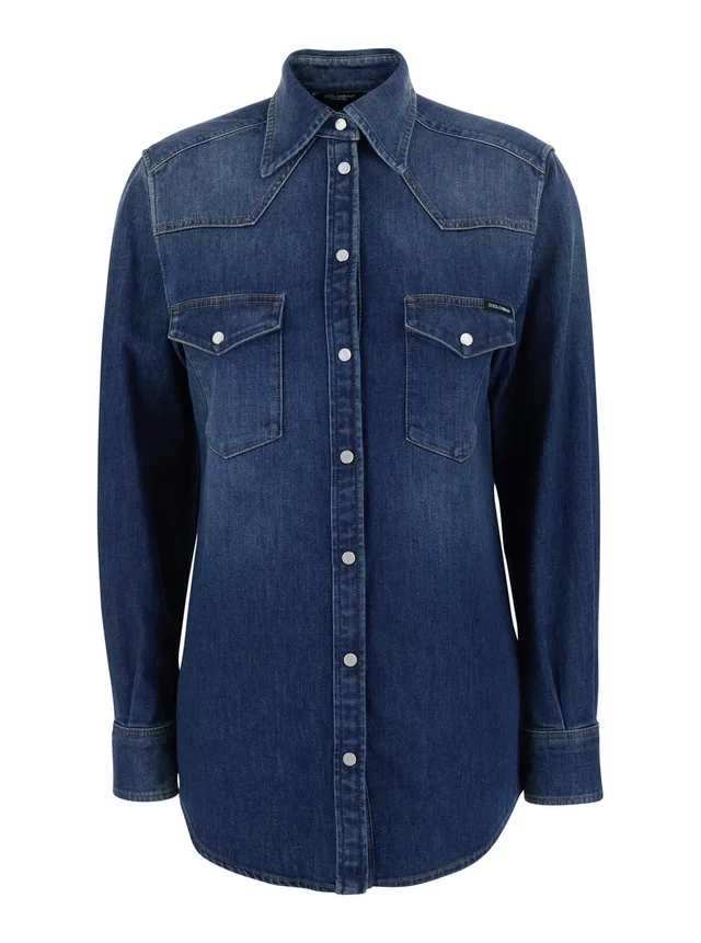 DOLCE E GABBANA blue Shirt with classic collar and metallic logo patch on the back in denim for women in Black, photo 2 of 6 from Gaudenzi Boutique