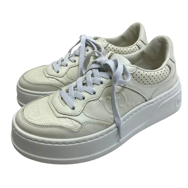 Gucci GG Embossed Sneakers Thick Sole Perforated Leather White Comfortable in White Leather from The Reluxe