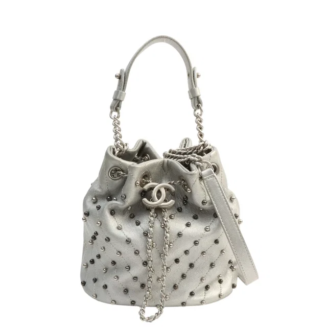 Chanel 2017 Vintage Studded Chevron Stitch CC Mark Drawstring Chain Shoulder 2-way Mini Bag Silver in Silver from VINTAGE QOO TOKYO