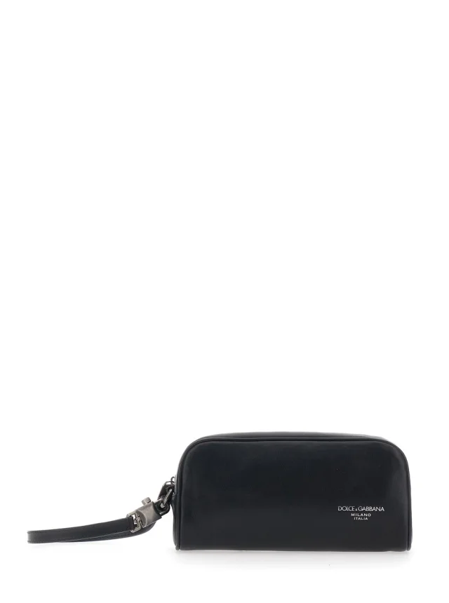 Black Clutch with Wrist Strap and Lettering Logo on the Front in Leather for Men in Black, image 1 of 1 from Gaudenzi Boutique