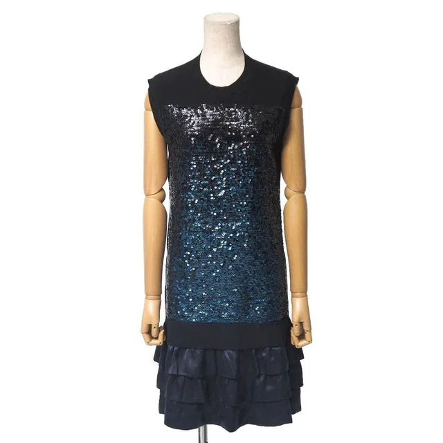 Louis Vuitton Dress XS Sequin Decoration Docking Black X Navy in Black Silk from The Reluxe