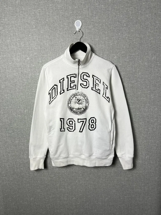 Vintage Y2K Diesel Big Logo Zip Pullover Sweatshirt in white from Grailed