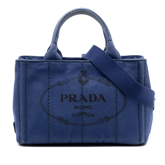Blue Prada Small Canvas Canapa Logo Tote Satchel in Blue Canvas from Designer Revival