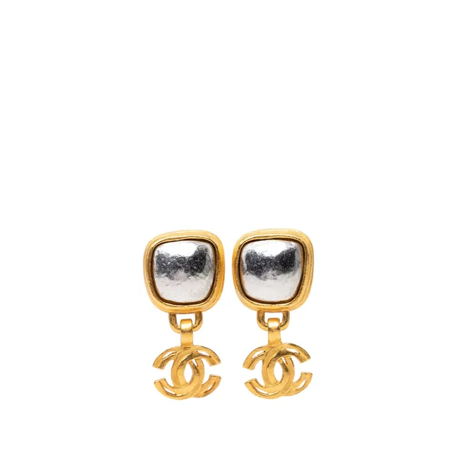 Gold Chanel CC Gold Plated Square Silver Stone Drop Clip On Earrings in Gold from Designer Revival