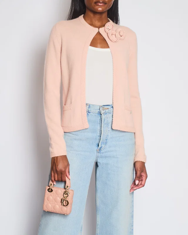 Chanel 05/S Vintage Pink Cashmere Cardigan with Floral Crystals Size FR 38 (UK 10) in Pink Cashmere from Sellier
