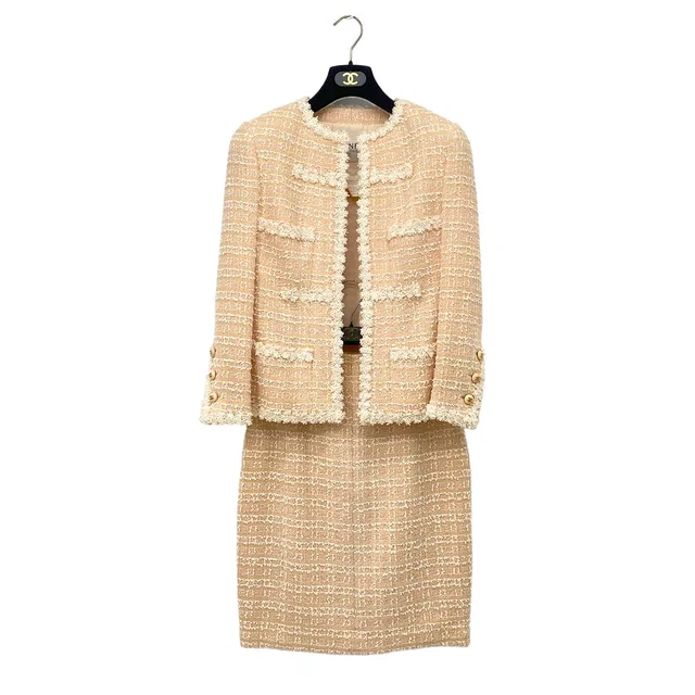 Chanel Vintage Coco Button Jacket Skirt Set Beige Tweed 38 95C Rtw in Beige Tweed from Luxury Promise