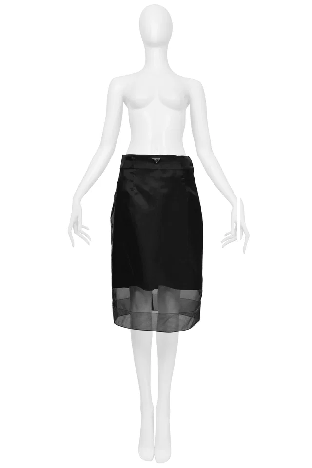 Prada Black Wool Skirt With Sheer Silk Overlay in Black Silk from Resurrection Vintage