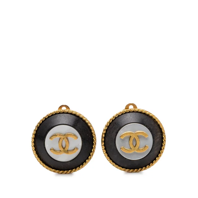 Black Chanel CC Gold Plated and Enamel Round Clip On Earrings in Black from Designer Revival
