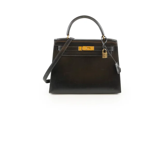 Hermès Kelly 28 Box Calf Black Gold - V Circle Stamp in Black Box leather from The Purse Affair