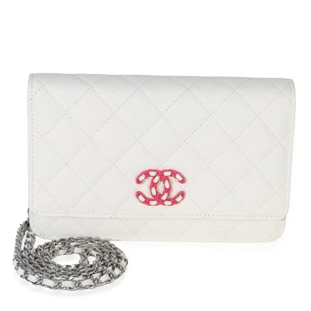 Chanel White Pink Quilted Caviar Woven Cc Wallet On Chain Pink; Leather Handbag in White Caviar leather from HEWI