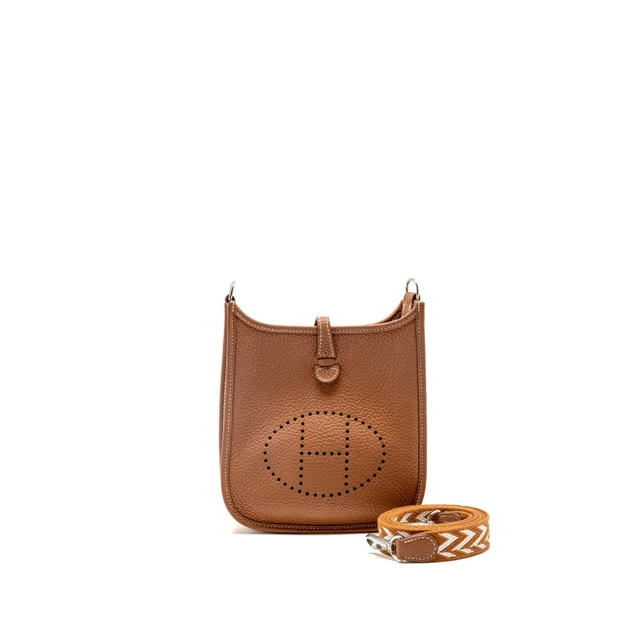 Hermès mini evelyne clemence gold with multicolour strap SHW Stamp U in Gold Clemence leather from EMIER