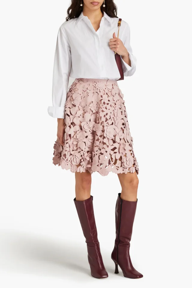 Valentino Garavani Bead-Embellished Laser-Cut Wool-Blend Felt Skirt in Blush, photo 2 of 4 from THE OUTNET