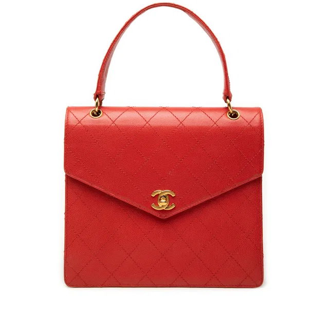 Red Chanel CC Quilted Caviar Turnlock Top Handle Handbag in Red Caviar leather from Designer Revival