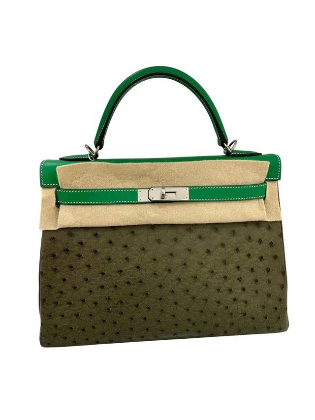 Hermès Kelly 32 Tri-Leather Vert Veronese Ostrich in Green Ostrich from Luxury Promise