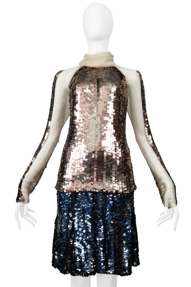 Prada Gold & Navy Metallic Round Paillette Skirt Ensemble 2002 in Navy from Resurrection Vintage