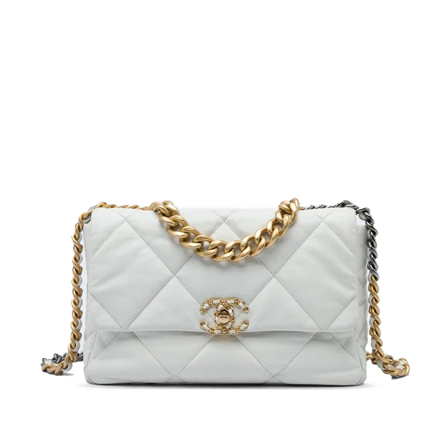 White Chanel Large Lambskin 19 Flap Satchel in White Lambskin from Designer Revival