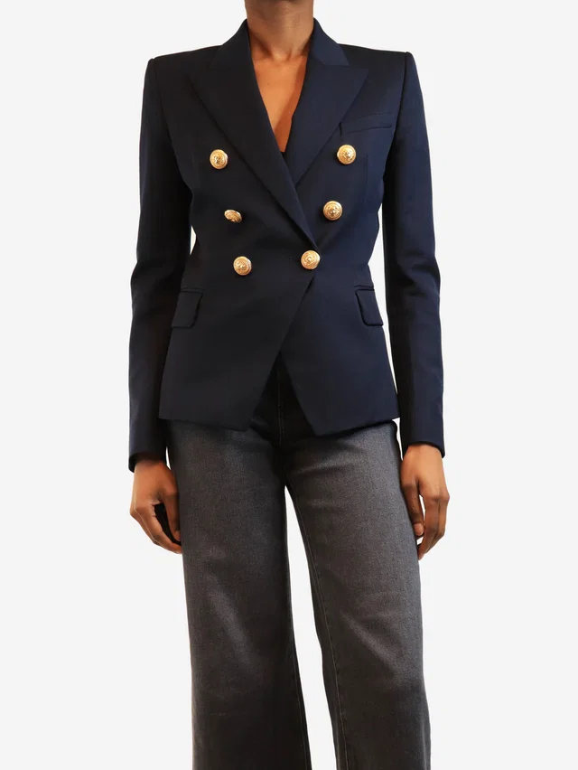 Balmain Navy double-breasted blazer - size UK 8 in Navy Wool from Sign of the Times
