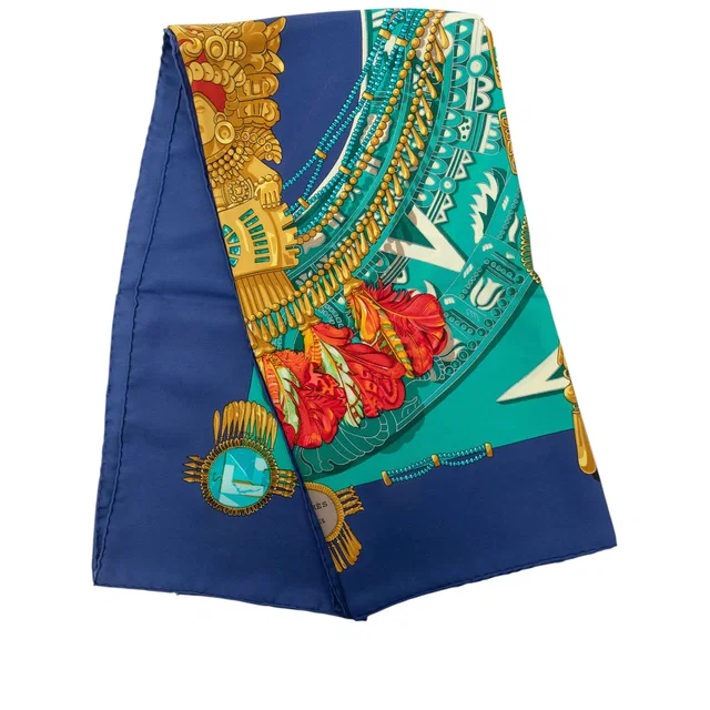 Blue Hermès Mexique Silk Scarf Scarves in Blue Silk from Designer Revival