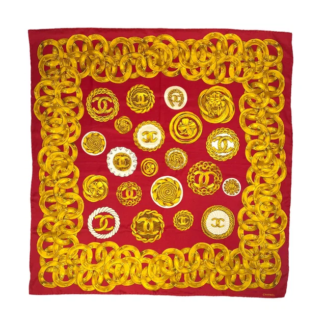 Chanel Vintage Scarf Cocomark Chain Pattern Red Gold Silk in Red Silk from Luxury Promise