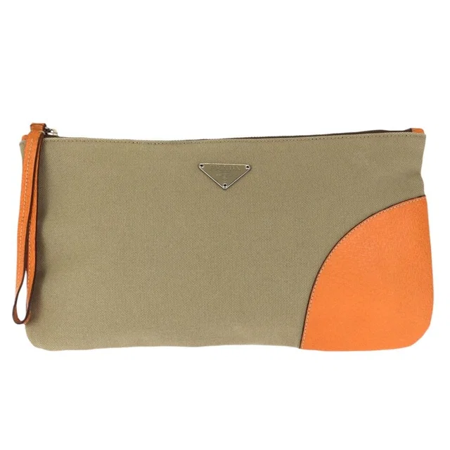 Prada Orange Silver Canvas Leather Clutch Bag in Beige Canvas from The Reluxe