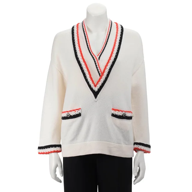Chanel V-Neck Braided Trim Sweater FR 36 in Cream Cashmere from Blue Spinach