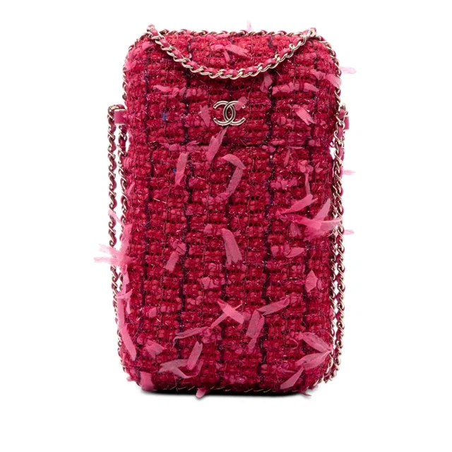 Pink Chanel Tweed Chain Around Phone Holder Crossbody Bag in Pink Tweed from Designer Revival