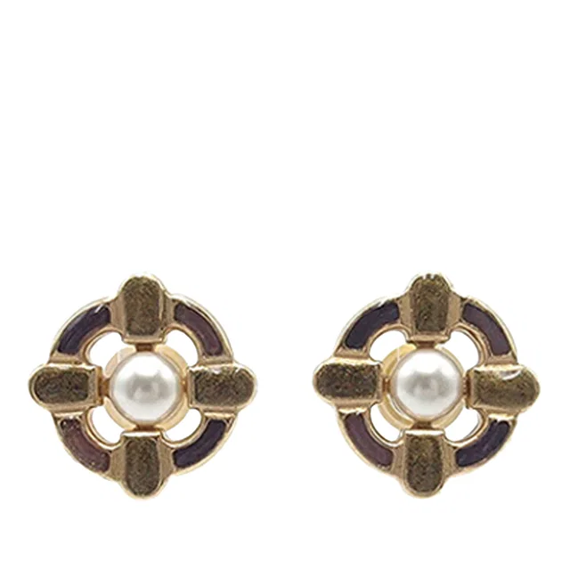 Gold Chanel Gold Plated Enamel Maltese Cross and Faux Pearl Push Back Earrings in Gold from Designer Revival