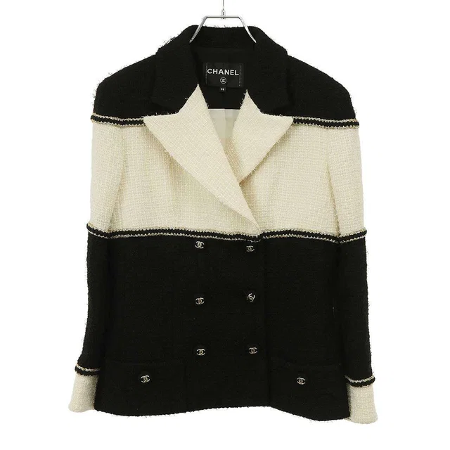Chanel CC Logo Bicolor Tweed Double Jacket Black White 38 in Black Tweed from The Reluxe